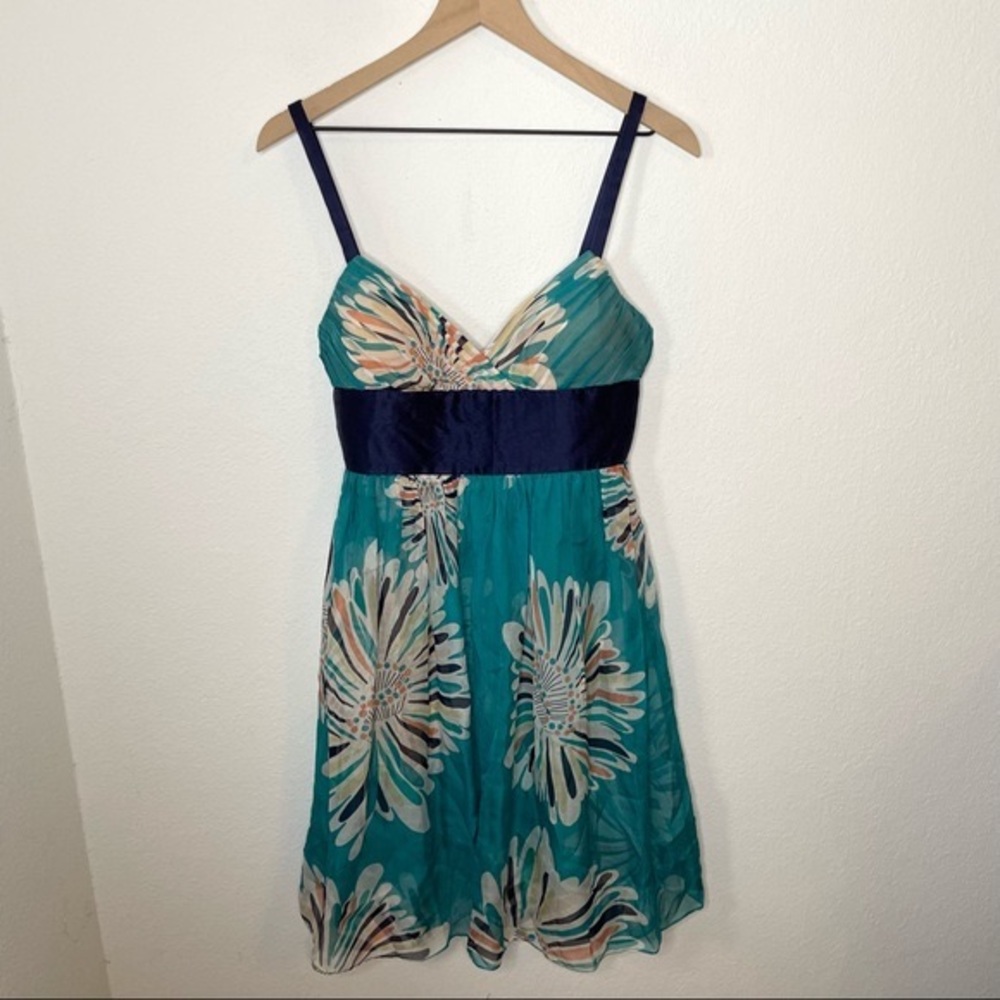 Catherine Malandrino Teal Blue Floral Print 100% Silk Dress NWT Size 6